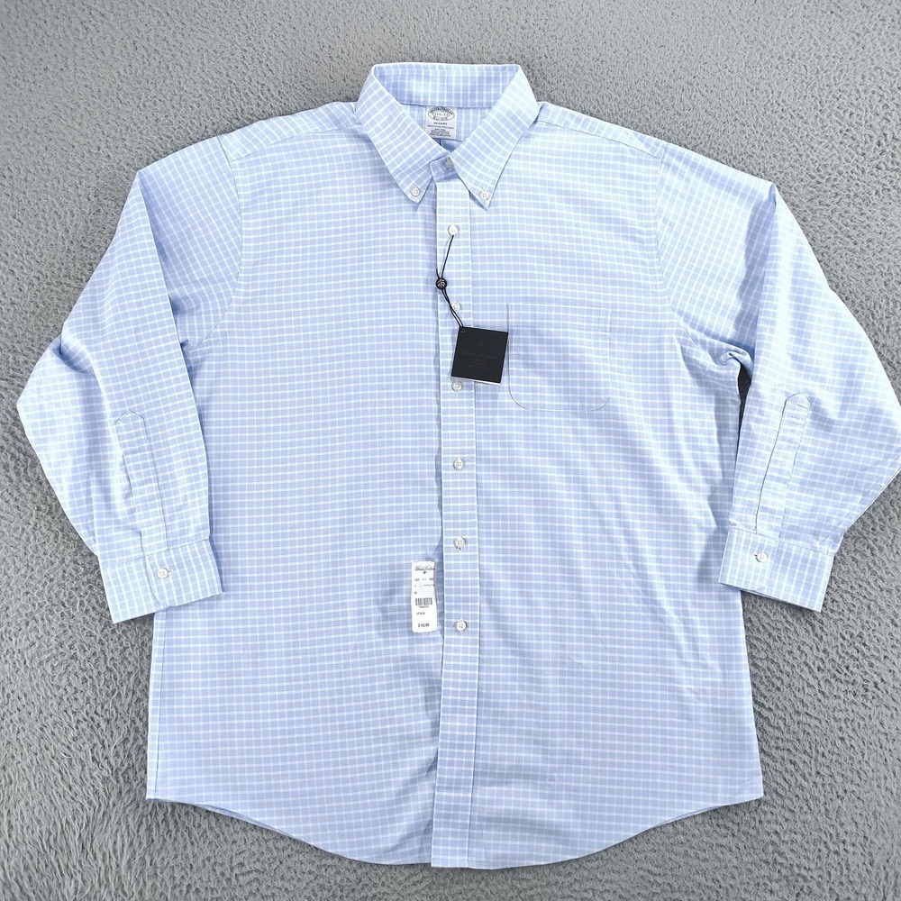Brooks Brothers Shirt Mens 17.5-33 Blue Check Regent Non-Iron BrooksCool Oxford